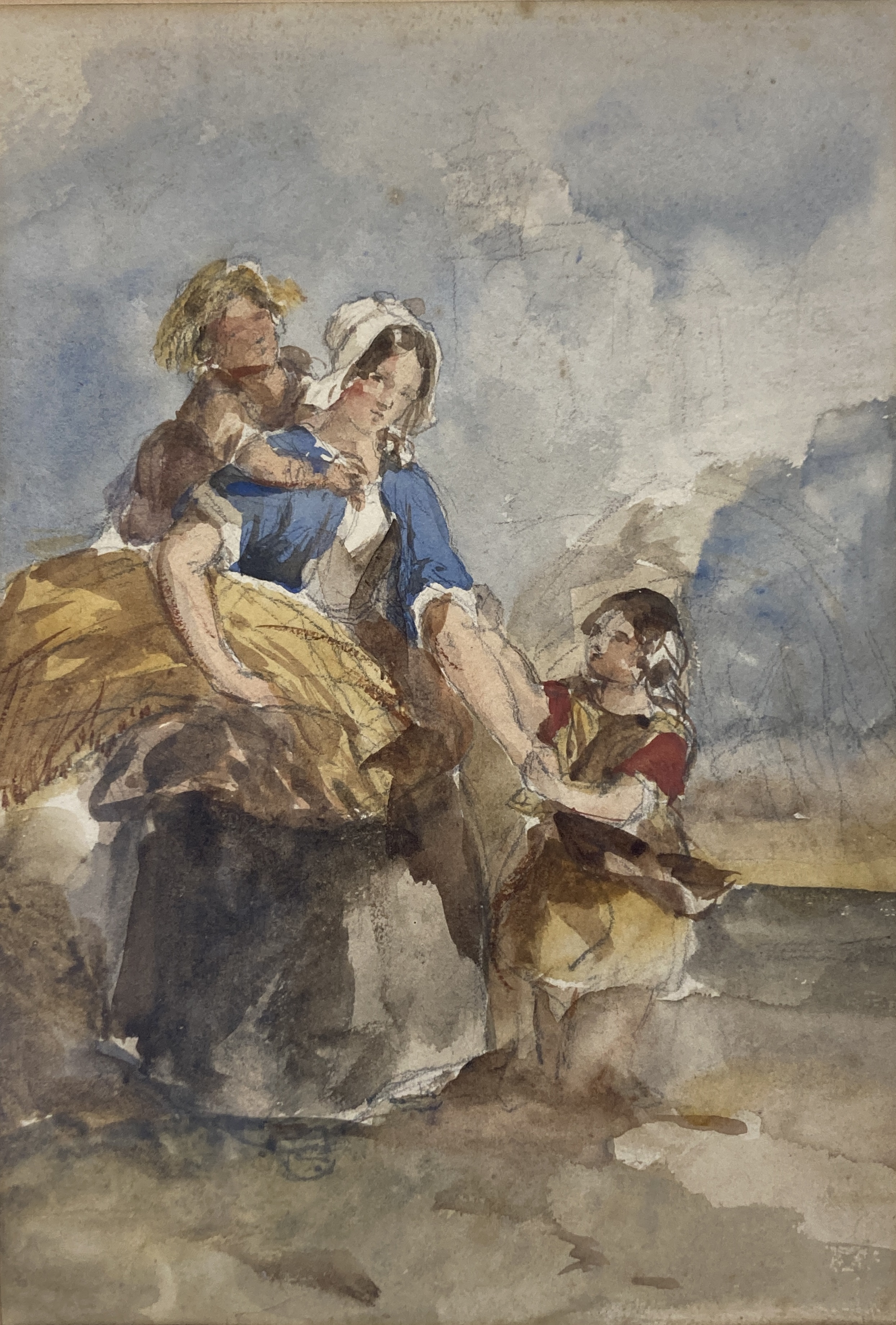 Attributed to Alfred Edward Chalon (1780-1860), watercolour, Mother and children, 28 x 20cm